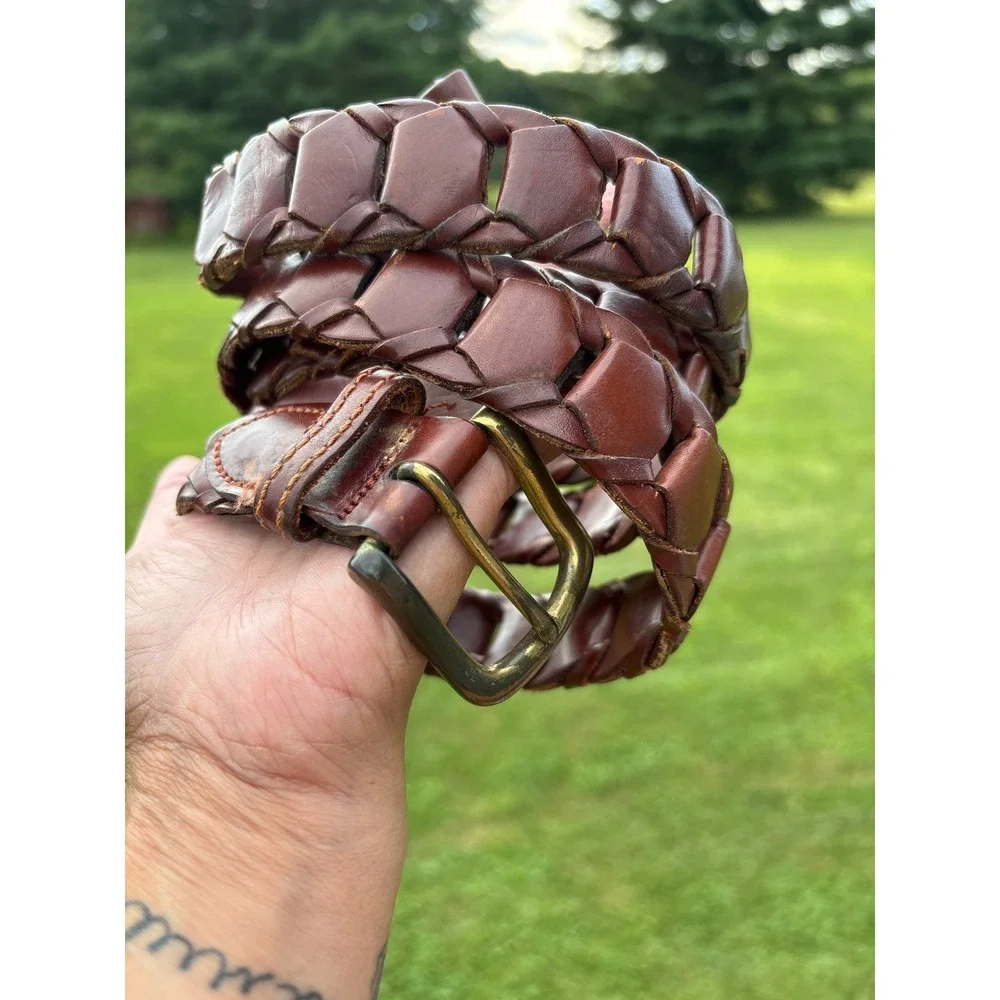 Vintage Full Grain Cowhide Braided Leather Belt Argentina Solid Brass Buckle 36